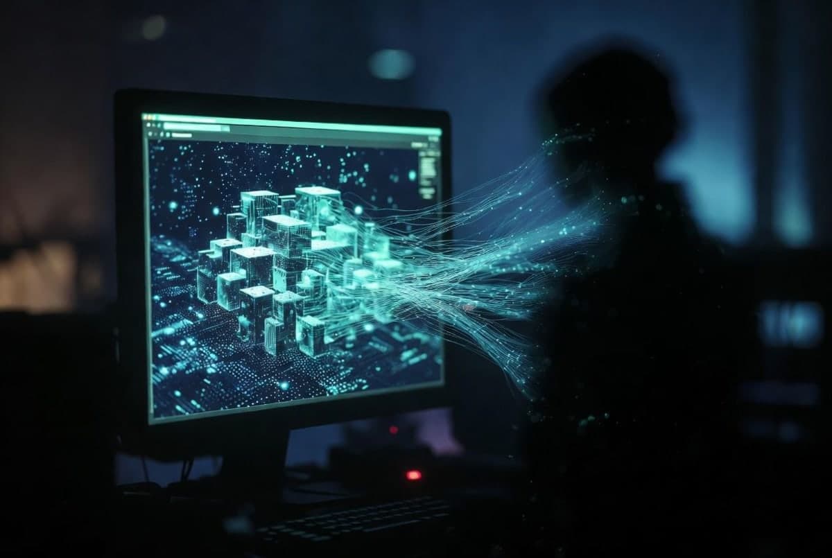 Abstract representation of an AI browser agent being manipulated through a fictional game interface into leaking data