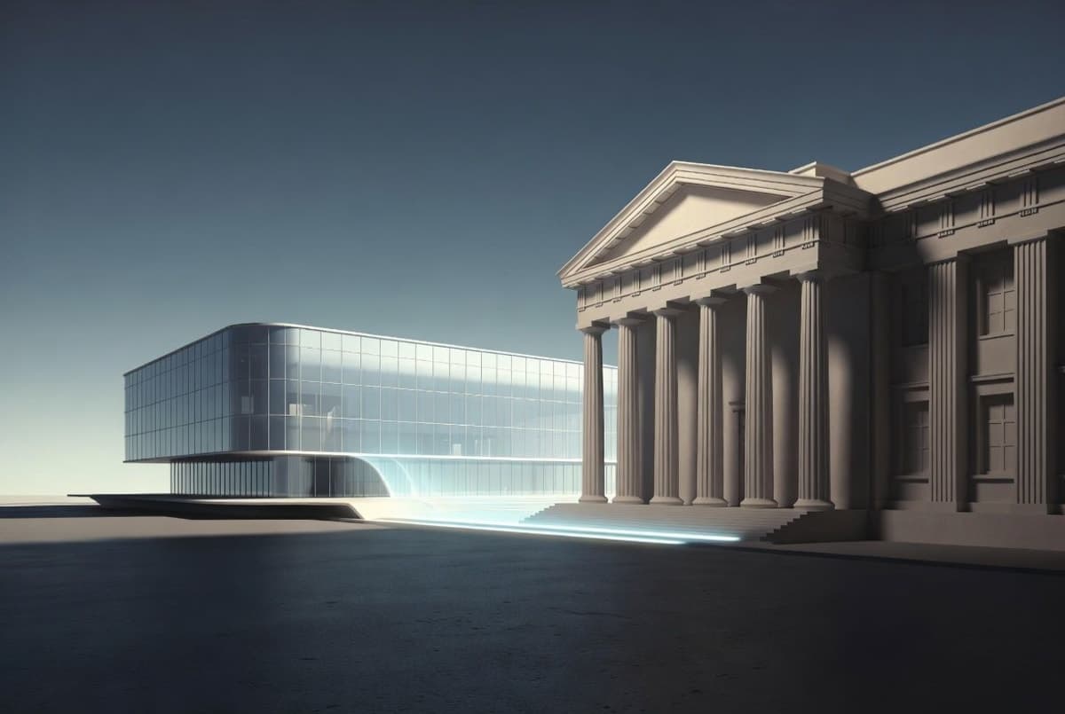 Abstract representation of a technology company and government building linked by a financial thread
