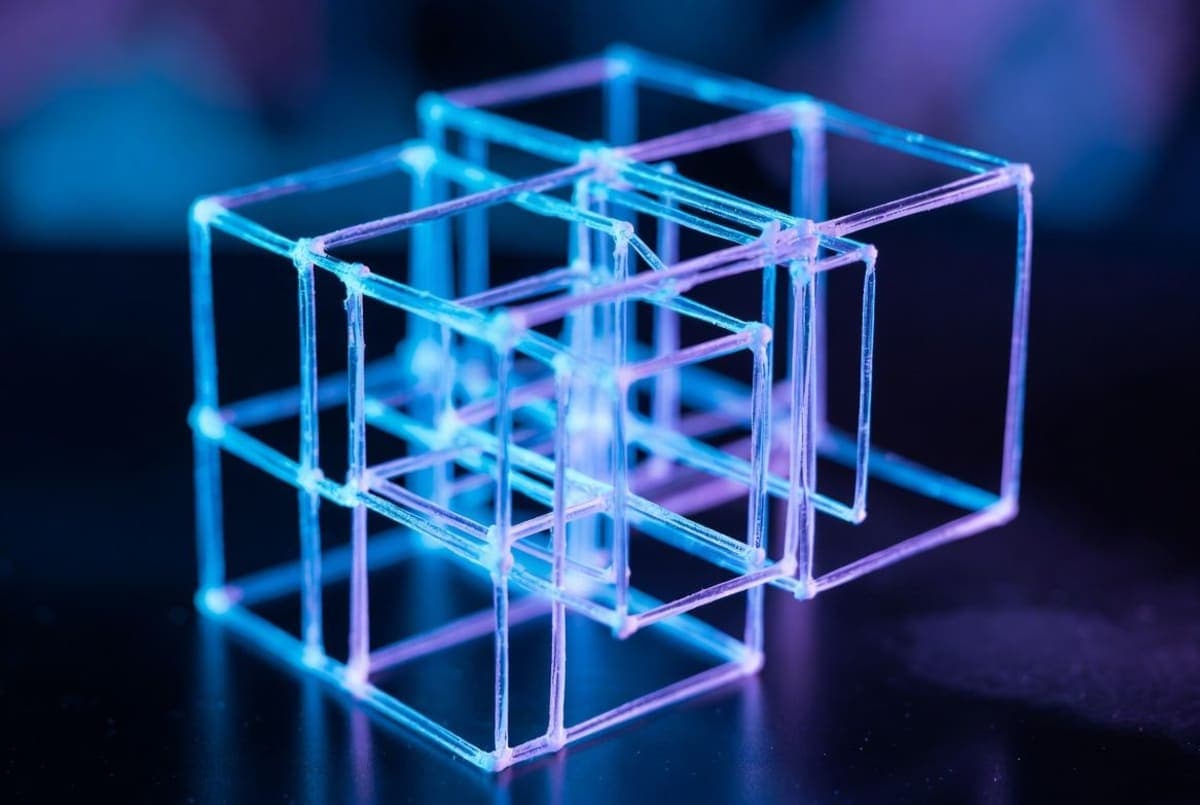 Abstract representation of formal mathematical proof verification with interlocking geometric structures on a dark technical background