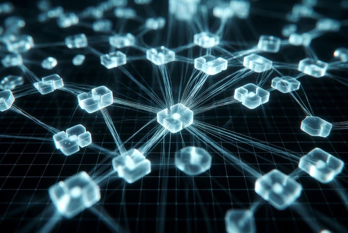 Abstract network of interconnected nodes each holding a small piece of a larger puzzle, converging toward a unified pattern