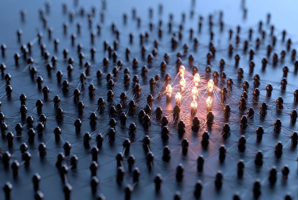 Abstract visualization of a sparse mixture-of-experts neural network with a small subset of nodes lit against a dense grid