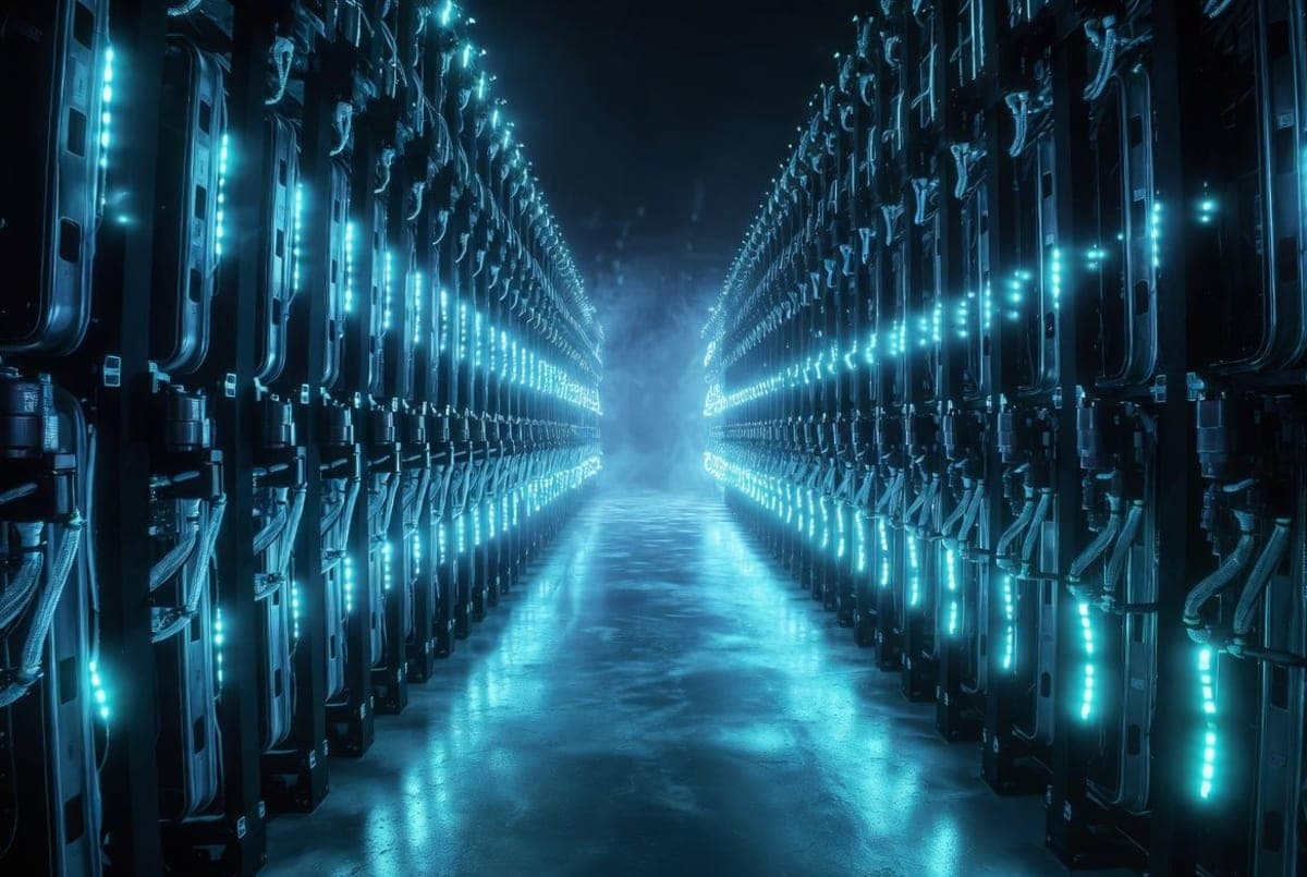 Rows of liquid-cooled GPU server racks in a large data center hall