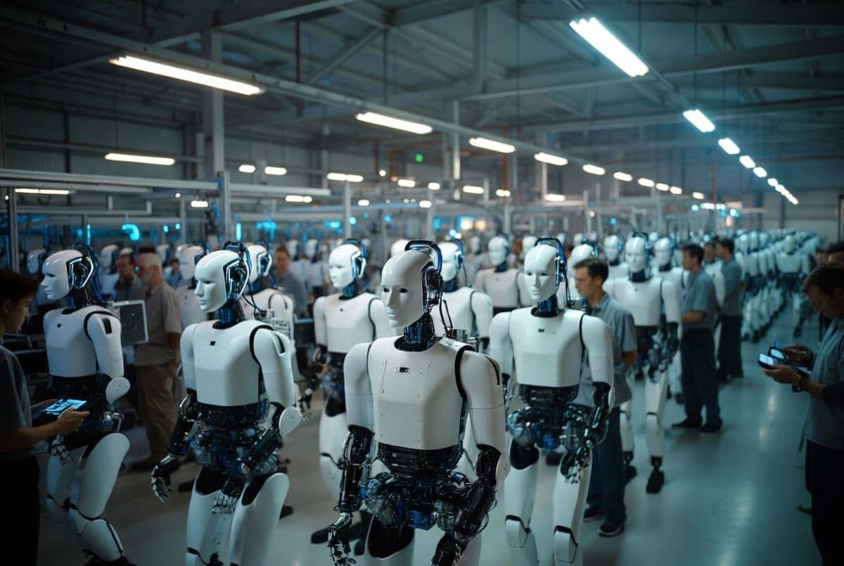 Rows of humanoid robots standing in a Chinese training facility while human operators guide their movements with handheld controllers