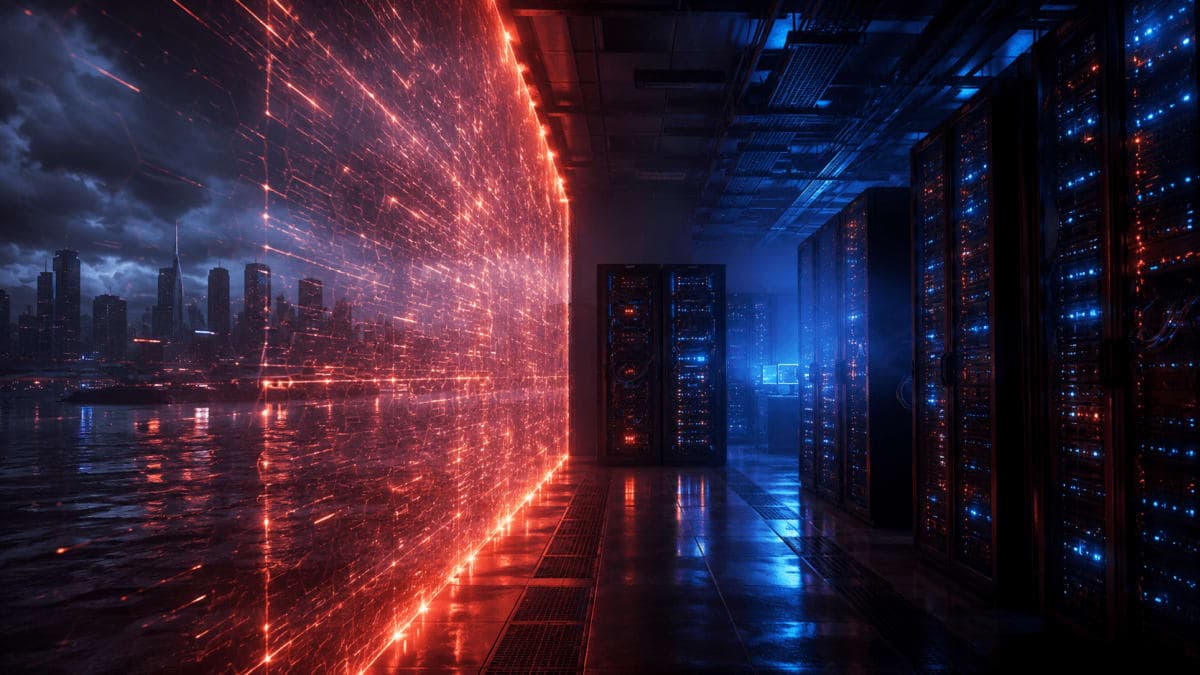 Chinese flag beside a glowing server rack representing AI infrastructure and technology export restrictions