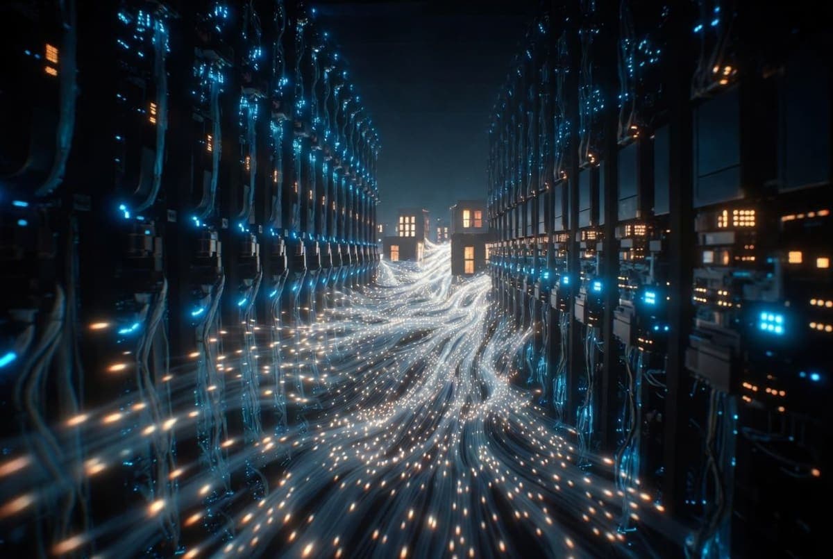 Stylized data center servers with glowing token symbols flowing toward small startup buildings