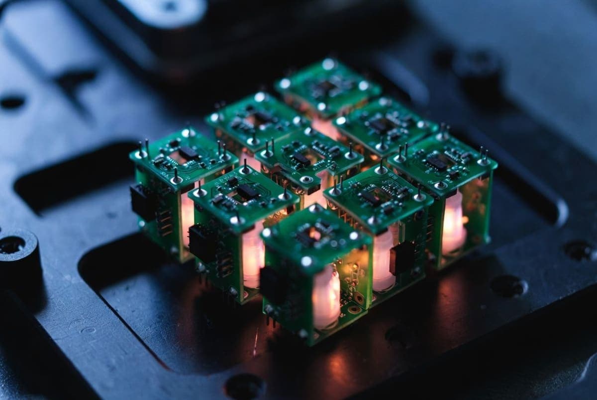 Cubic circuit-board modules stacked into a table-shaped structure, each lit by a small colored LED