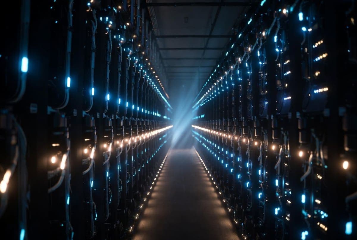 Server racks with glowing indicator lights in a data center corridor, viewed at a low angle